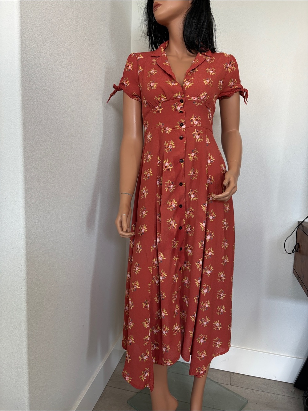 Urban Outfitters Rust-Red Floral Button Midi Dress